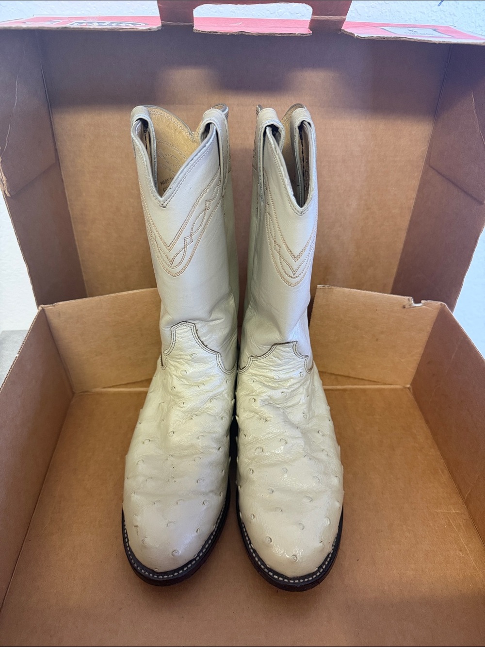 Justin Boots Cream Ostrich-Textured Heeled Western Boots